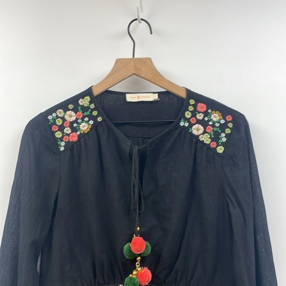 Tory Burch Fleur Embroidered Floral Woven Peasant Tunic Blouse Boho Black 8 - Picture 3 of 7